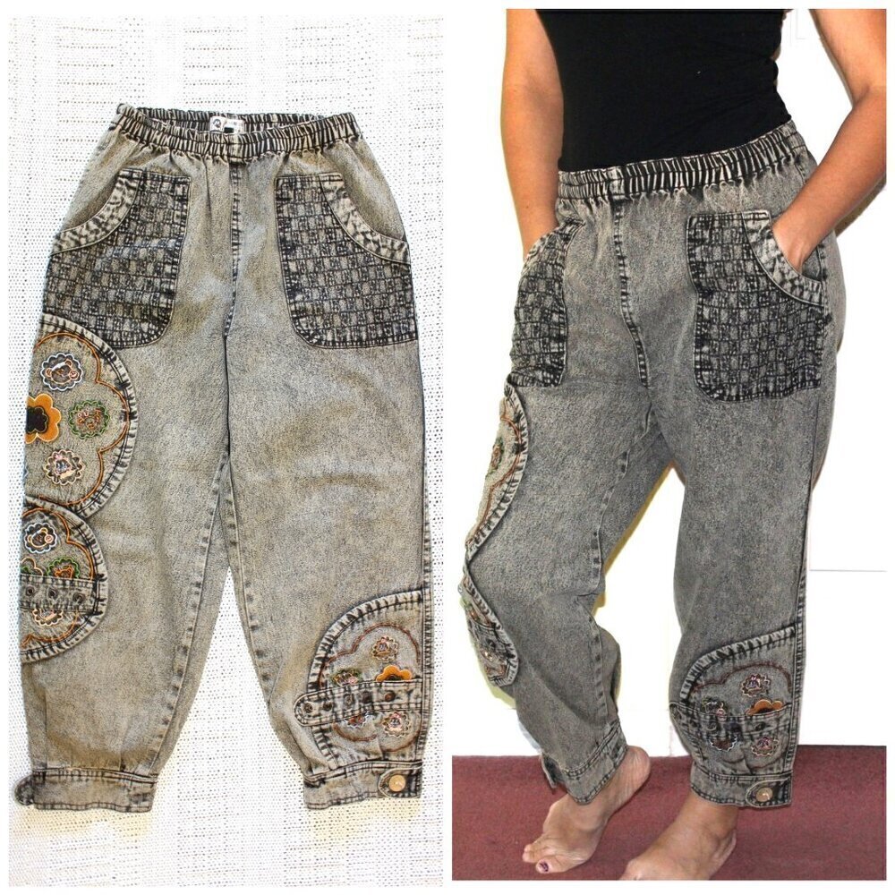 VTG rare retro embroidered patched Teddy bear Baggy Jeans Pull on Size L Boho